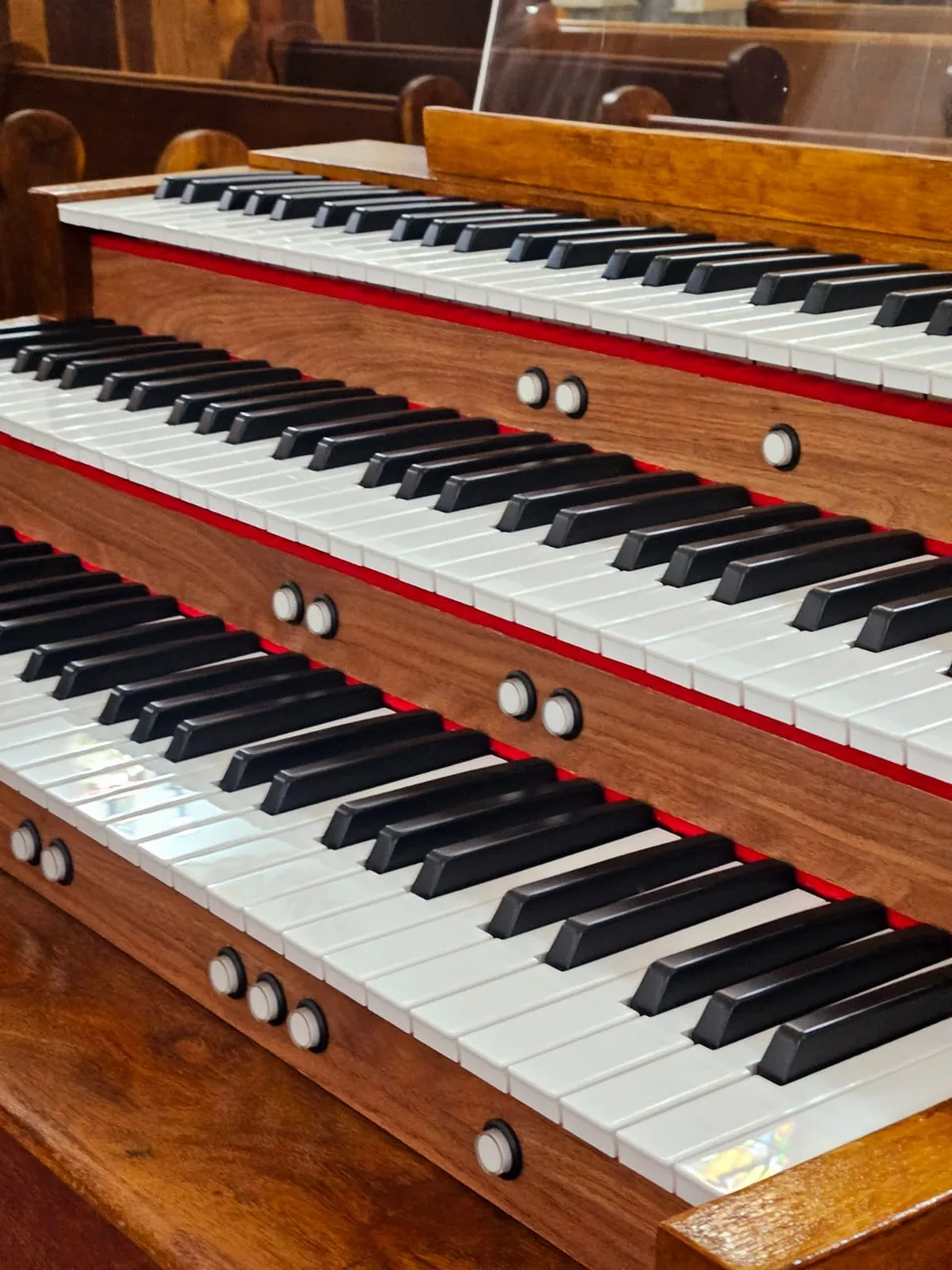 Detalhe dos teclados e dos botões de um órgão Gaudeamus em madeira.